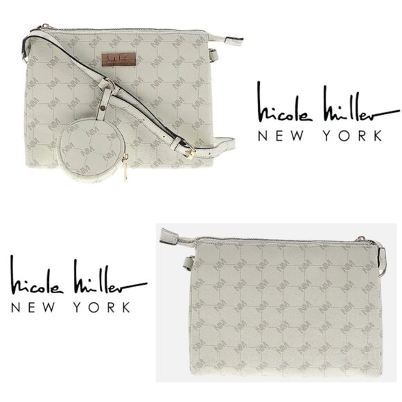 NWT - Nicole Miller White Monogram Crossbody Purse with Coin Pouch - Picture 1 of 9